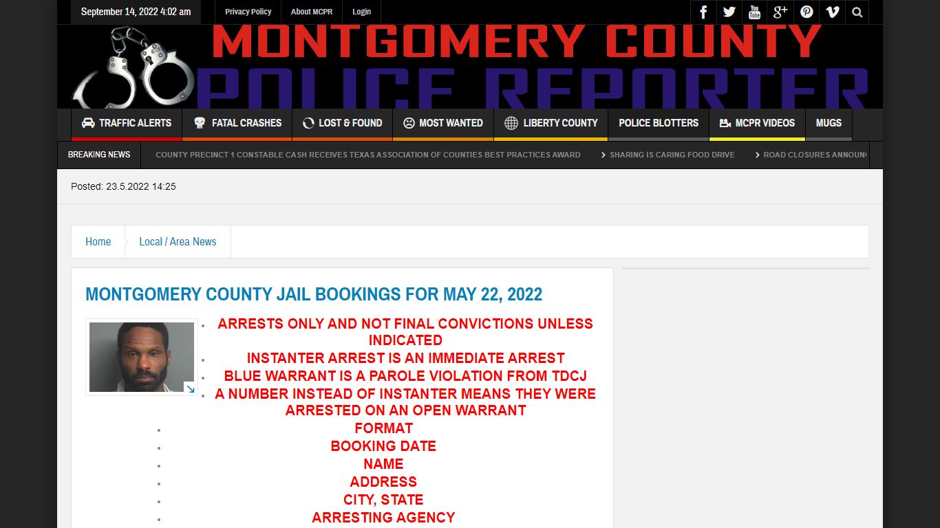 MONTGOMERY COUNTY JAIL BOOKINGS FOR MAY 22, 2022