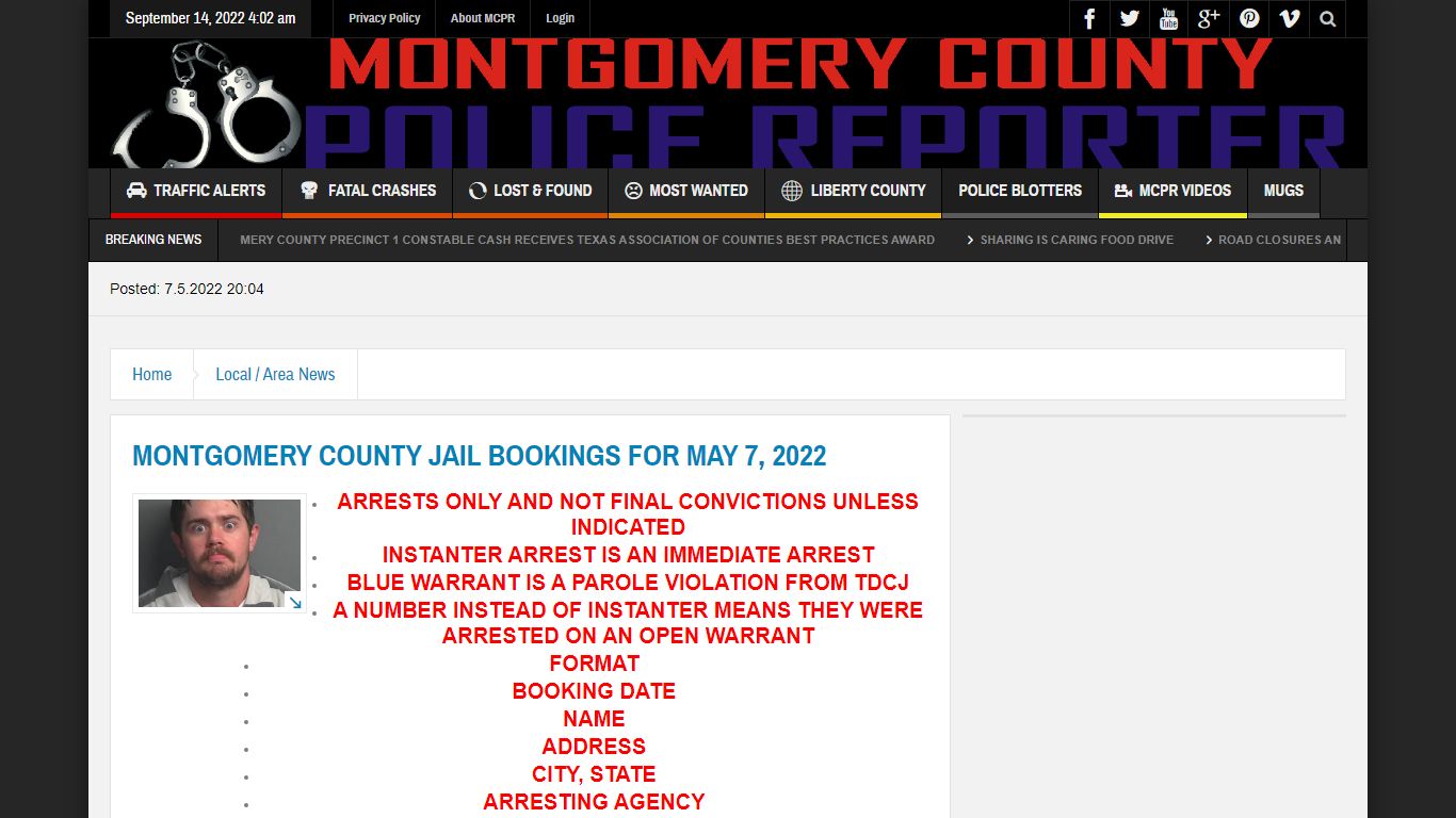 MONTGOMERY COUNTY JAIL BOOKINGS FOR MAY 7, 2022